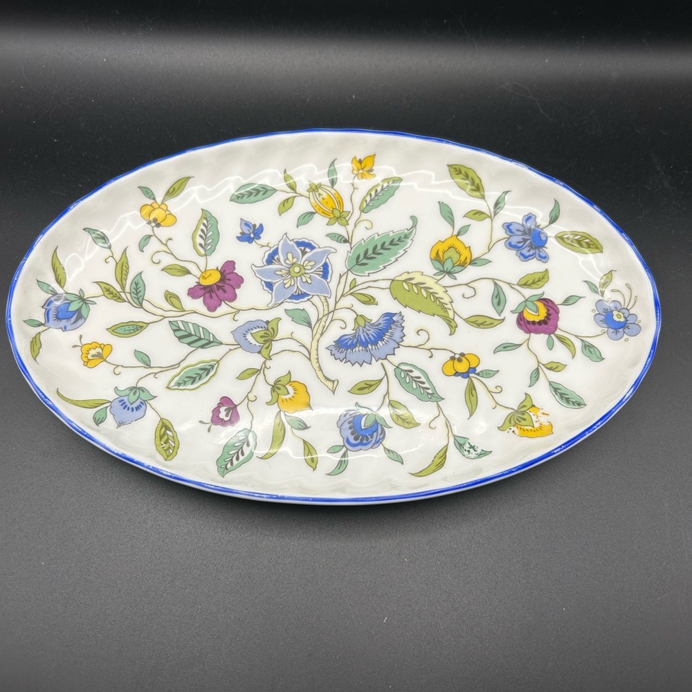 Elegant Minton ‘Hadden Hall Blue’ Floral Oval Platter with Blue Edge 22cm long